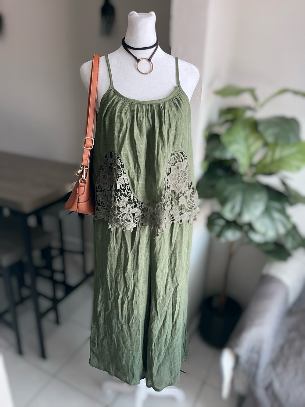 J Gee Size S Lace Overlay Wide Leg Cropped Jumpsuit Boho Summer